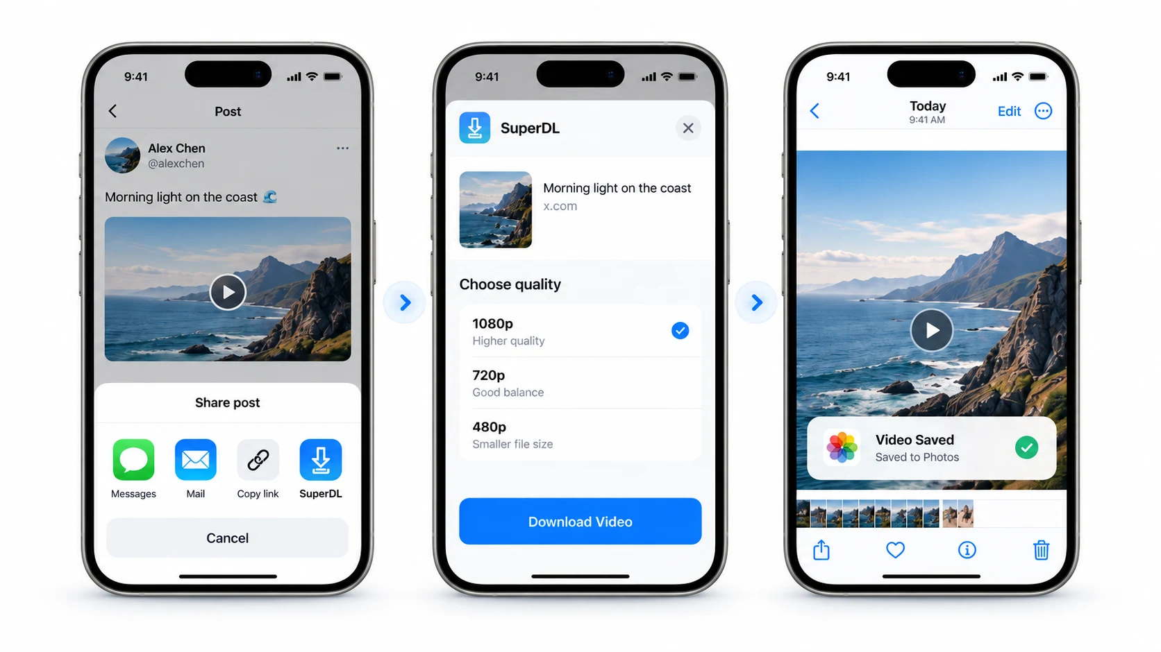 Illustration of the SuperDL flow: share a video post, choose available quality, and save to Photos.